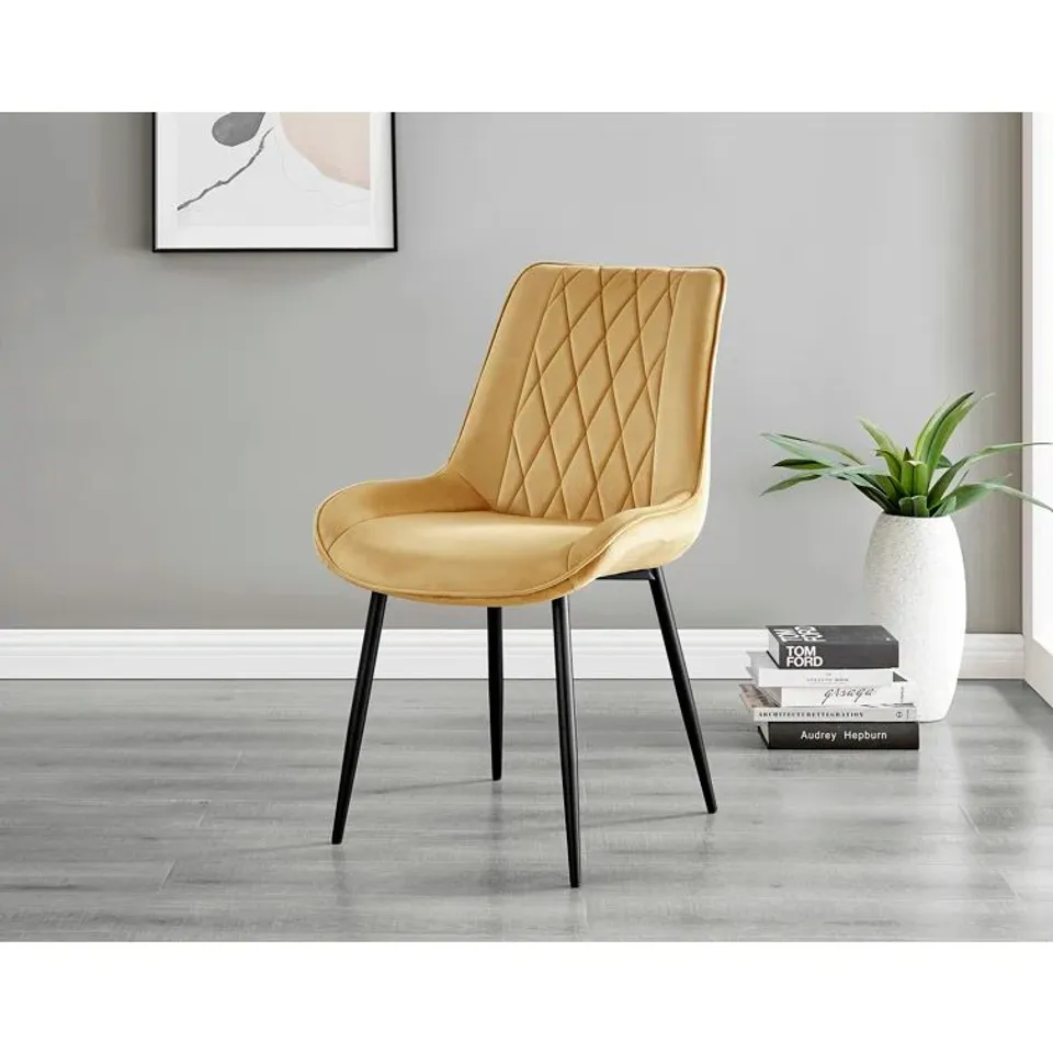 BOXED SET OF 2 VELVET MODERN DINING CHAIRS - YELLOW VELVET WITH SILVER METAL LEGS (1 BOX)