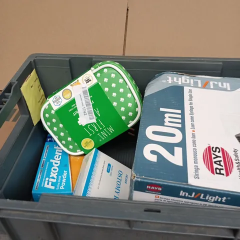 TOTE OF APPROXIMATELY 10 ASSORTED ITEMS INCLUDING MINI FIRST AID KIT, OSTOMY RING AND FIXODENT POWDER