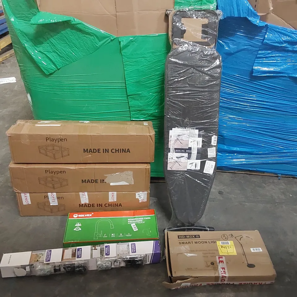 PALLET OF ASSORTED CONSUMER PRODUCTS TO INCLUDE: PLAYPENS, IRONING BOARD, KITCHEN FAUCET, RETRACTABLE SAFETY GATE, SMART MOON LIGHT ECT