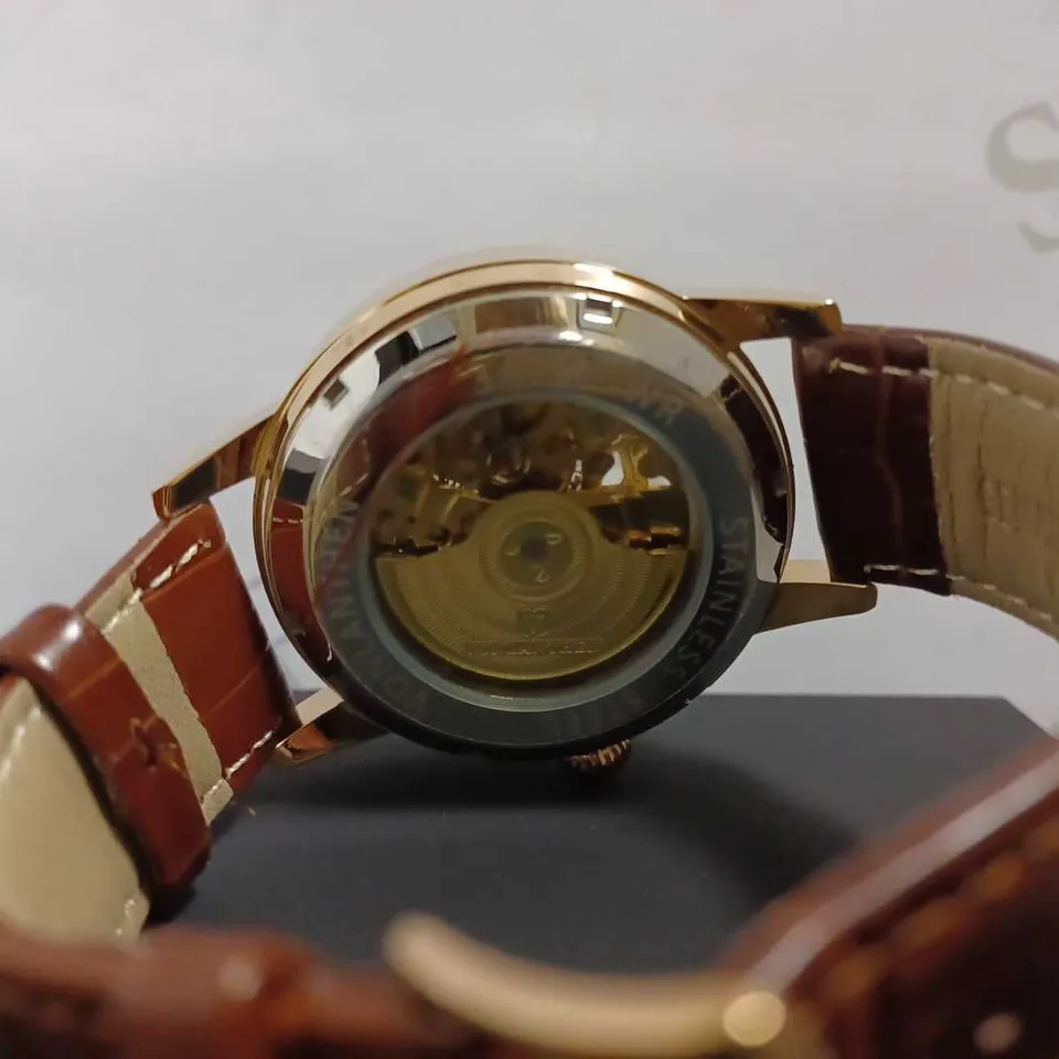 MENS VONLANTHEN AUTOMATIC WATCH – SILVER AND RED TEXTURED DIAL – ROSE GOLD COLOUR CASE - GLASS EXHIBITION BACKCASE – BLACK LEATHER STRAP