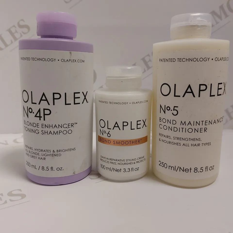 BOX OF 3 OLAPLEX ITEMS TO INCLUDE NO.5 CONDITIONER, NO.6 BOND SMOOTHER, NO.4P BLONDE ENHANCING TONING SHAMPOO