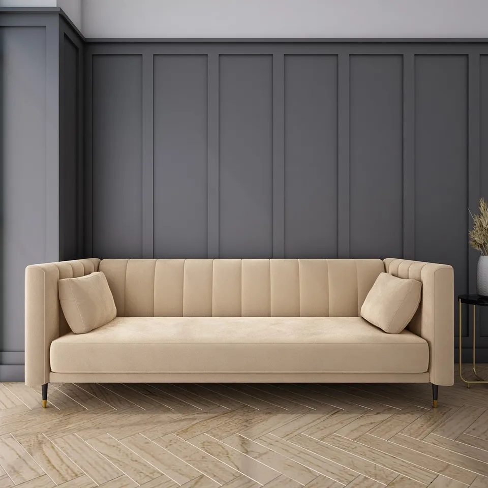 BEIGE VELVET 3 SEATER SOFA BED WITH CUSHIONS - INCOMPLETE - BOX 1 OF 2