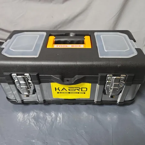 UNBOXED KAERD PLASTIC TOOL BOX WITH DUAL LATCHES AND CLEAR TOP COMPARTMENTS