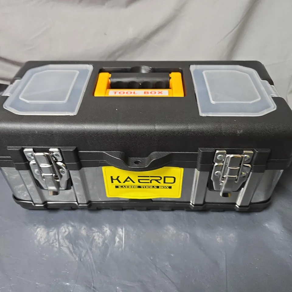 UNBOXED KAERD PLASTIC TOOL BOX WITH DUAL LATCHES AND CLEAR TOP COMPARTMENTS