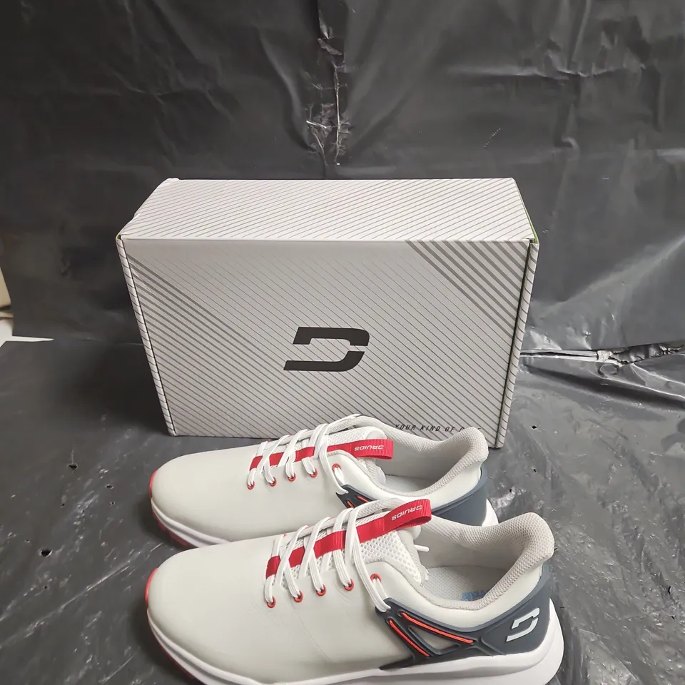 DRUIDS GOLF TRAINERS UK SIZE 10 ,WHITE TRAINERS WITH RED ACCENTS – BOXED