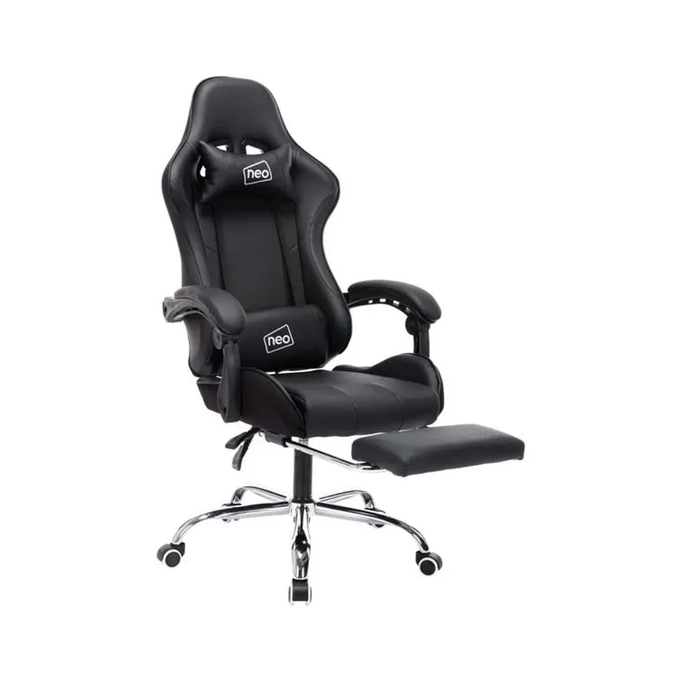 BOXED NEO ADJUSTABLE RECLINING ERGONOMIC FAUX LEATHER SWIVELLING PC & RACING GAMING CHAIR WITH FOOTREST - BLACK (1 BOX)