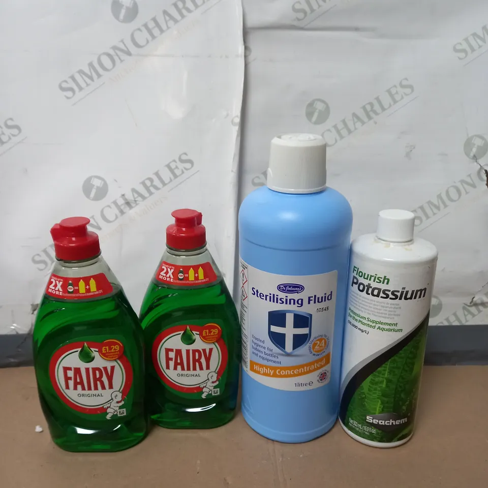BOX OF APPROX 8 CLEANING PRODUCTS TO INCLUDE FAIRY LIQUID , STERILISING LIQUID , EXPORY RESIN - COLLECTION ONLY