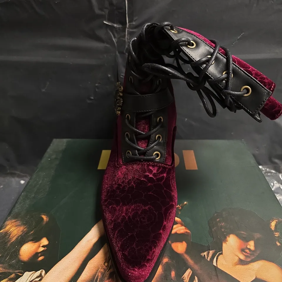 WOMEN'S BURGUNDY VELVET LACE-UP BOOTS WITH BUCKLE DETAIL - UK SIZE 6