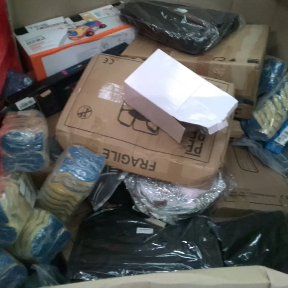 PALLET OF ASSORTED ITEMS INCLUDING ROUND BALLOON ARCH STAND, SPRING LOADED TENSION ROD, DOG HARNESS, GLYANIS TENT, SPONGE SCOURERSOFFICE CHAIR