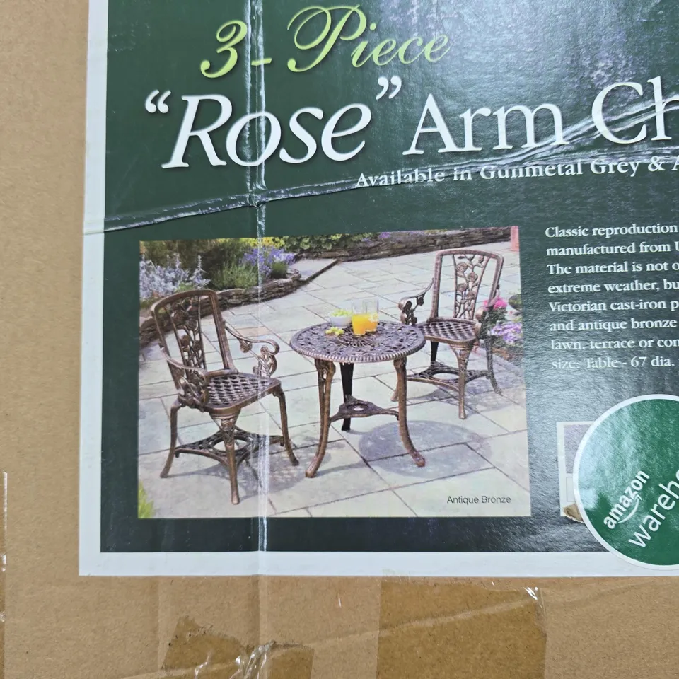 3-PIECE 'ROSE' ARM CHAIR SET – GARDEN FURNITURE (GUNMETAL GREY & ANTIQUE BRONZE FINISHES)