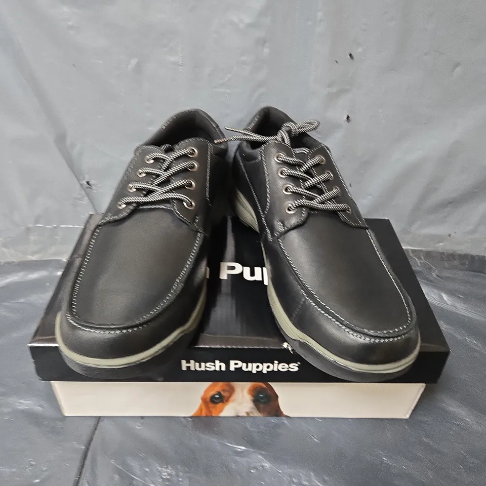 BOXED PAIR OF HUSH PUPPIES TUCKER SHOES IN BLACK - UK 10