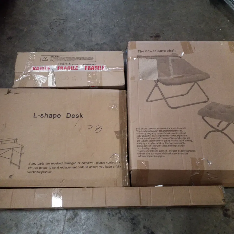 PALLET CONTAINING ASSORTED PRODUCTS INCLUDING L-SHAPE DESK, LEISURE CHAIR, PATIO UMBRELLA & HIGH-DEFINITION HOME GAME MACHINE 