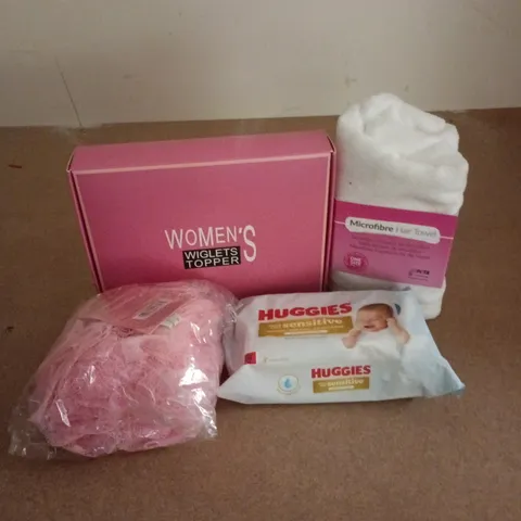 APPROXIMATELY 7 ASSORTED HEALTH & BEAUTY PRODUCTS TO INCLUDE WIGLETS TOPPER, HUGGIES WIPES, HAIR TOWEL, ETC