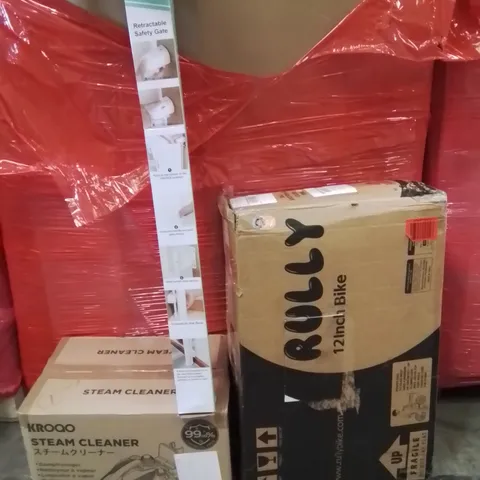 PALLET OF ASSORTED HOUSEHOLD GOODS AND PRODUCTS TO INCLUDE;STEAM CLEANER,RETRACTABLE SAFETY GATE,12 INCH BIKE