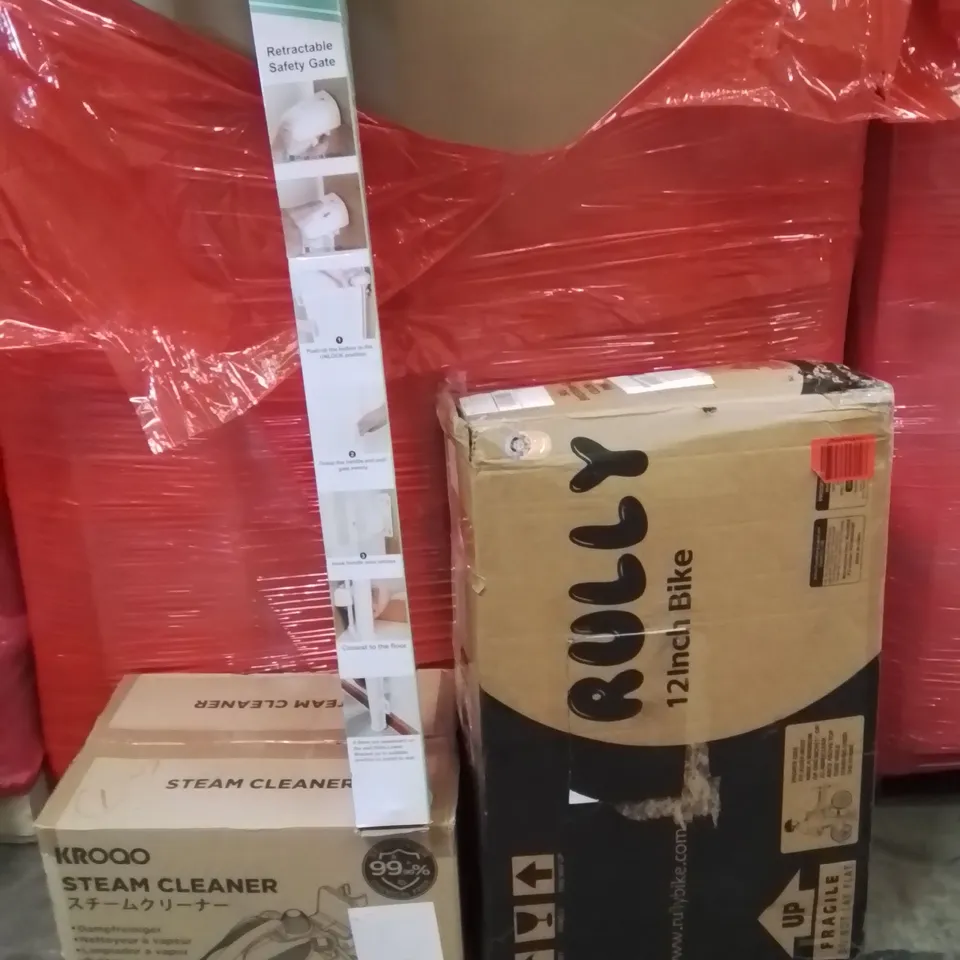 PALLET OF ASSORTED HOUSEHOLD GOODS AND PRODUCTS TO INCLUDE;STEAM CLEANER,RETRACTABLE SAFETY GATE,12 INCH BIKE