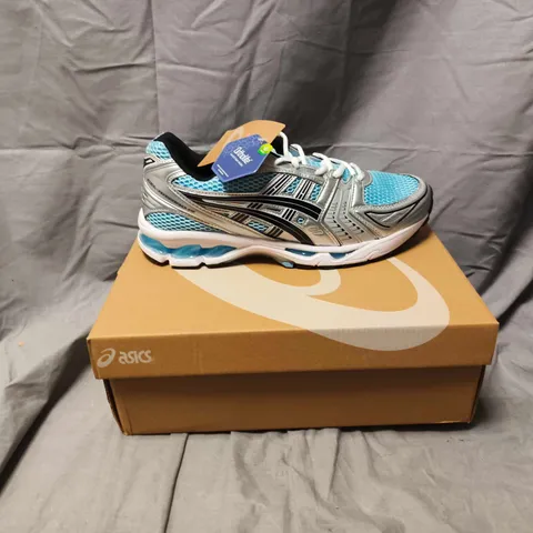 BOXED PAIR OF ASICS RUNNING SHOES – TURQUOISE MESH WITH SILVER OVERLAYS - SIZE 10
