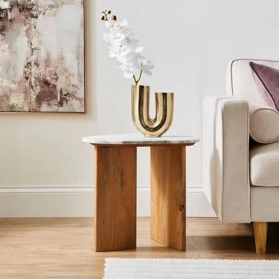 BOXED ARYA OVAL SIDE TABLE, MANGO WOOD AND REAL MARBLE (1 BOX)