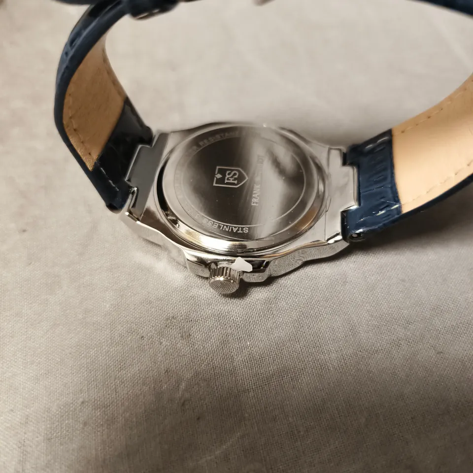 MENS FRANK SCHMIDT WATCH – TEXTURED DIAL WITH DATE – LEATHER STRAP- MODEL: FSL AMBASSADOR – 3ATM WATER RESISTANT IN BLUE