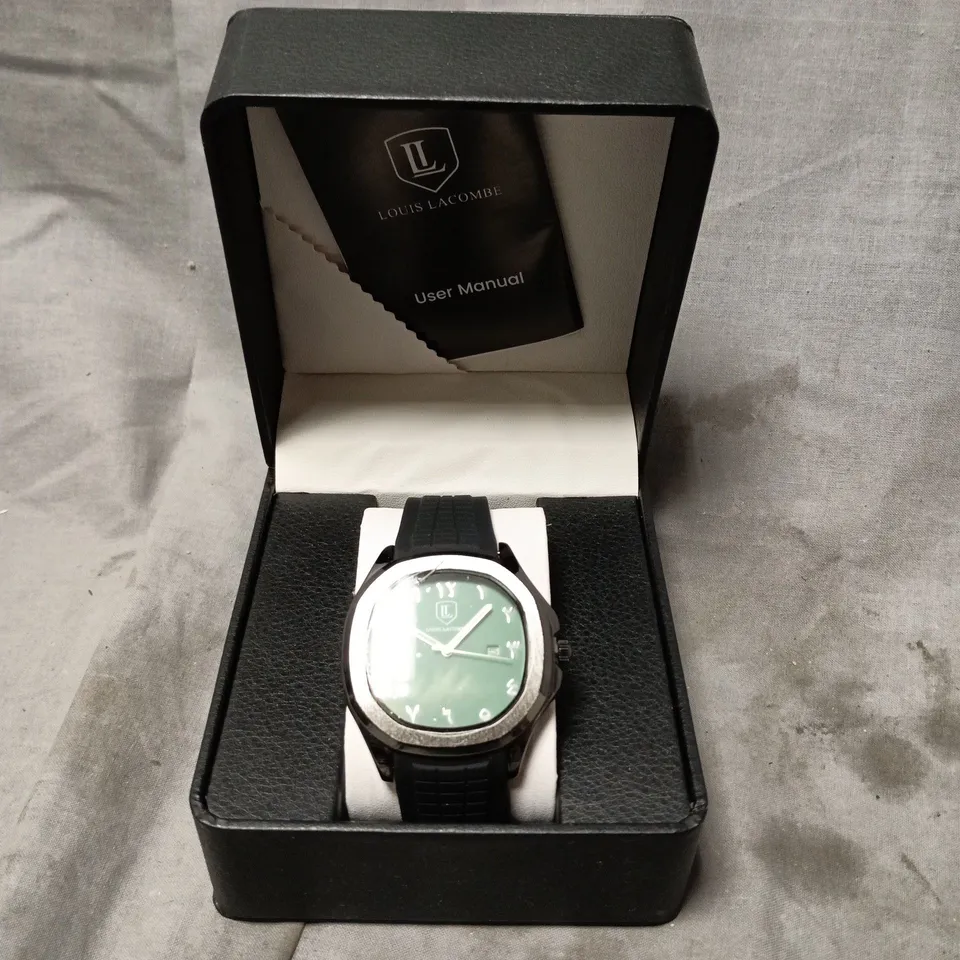 MENS LOUIS LACOMBE WATCH – GREEN DIAL WITH DATE – BLACK RUBBER STRAP