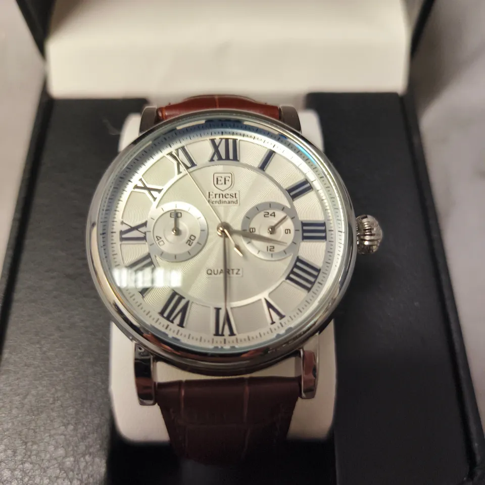 ERNEST FERDINAND CHRONOGRAPH WATCH – SUB DIALS – LEATHER STRAP –  ROMAN NUMERALS