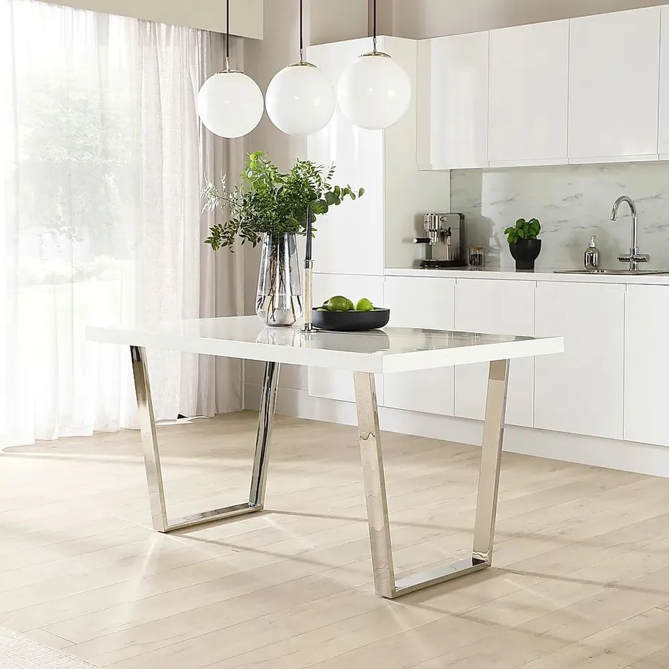 BOXED MILENTO WHITE HIGH MARBLE & CHROME 150cm DINING TABLE
