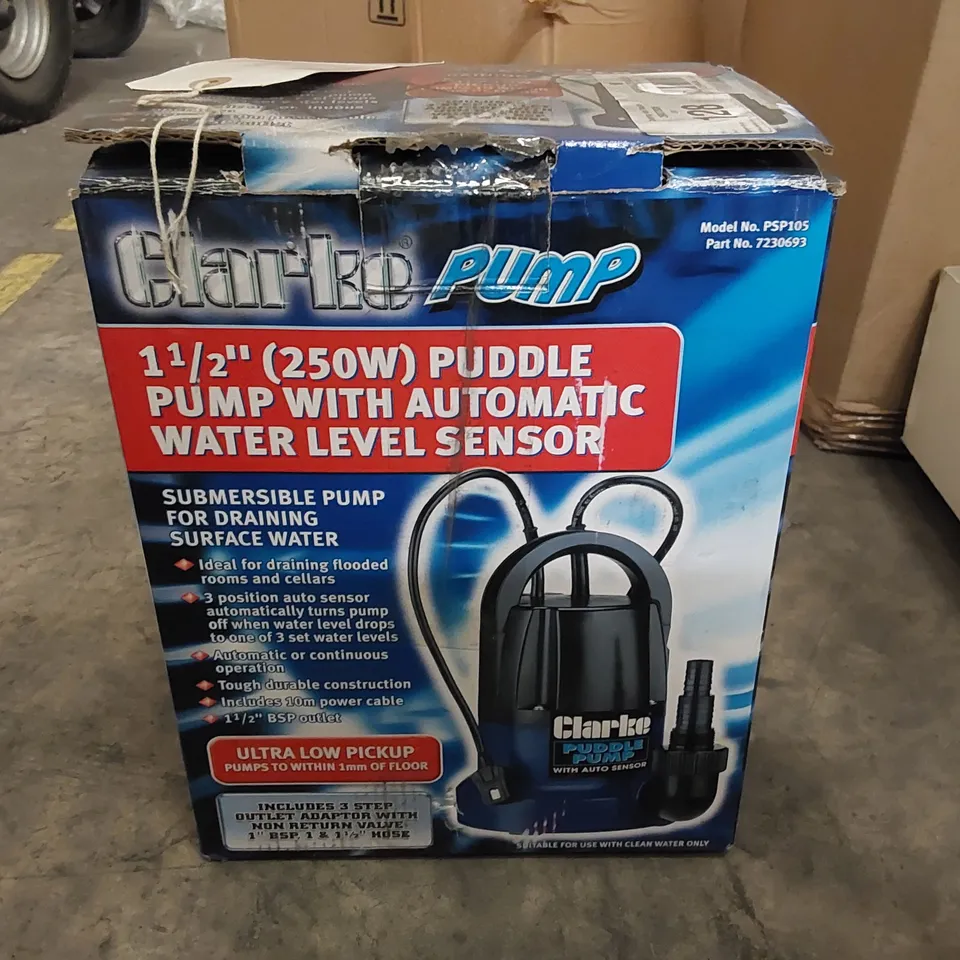 BOXED CLARKE 1½" 250W PUDDLE PUMP WITH AUTOMATIC WATER LEVEL SENSOR 