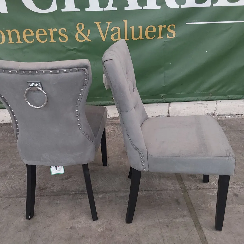 PAIR UPHOLSTERED BUTTONED RING BACK DINING CHAIRS GREY PLUSH FABRIC ON BLACK WOOD LEGS 