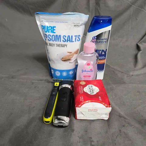 APPROXIMATEY 20 HEALTH AND BEAUTY PRODUCTS TO INCLUDE - PURE EPSOM SALTS - PHILIPS ONE BLADE - IMPERIAL LEATHER SOAP - ETC