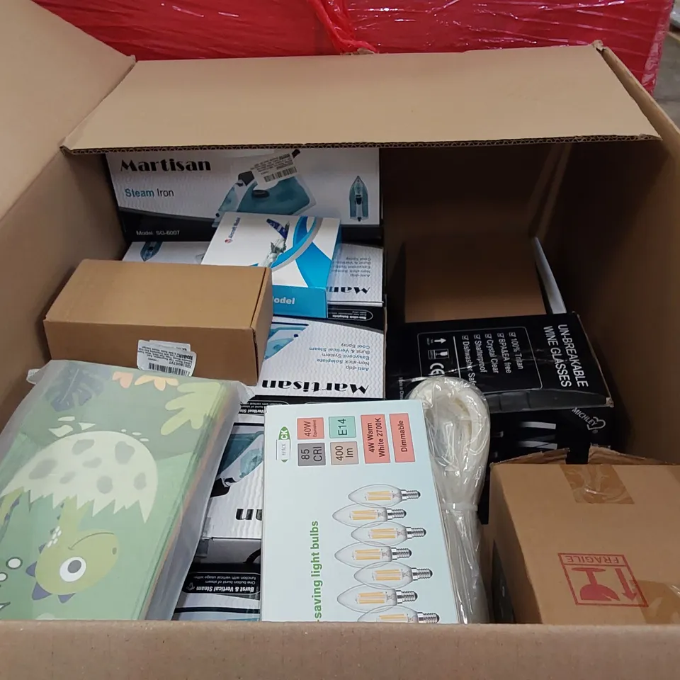PALLET OF ASSORTED HOUSEHOLD ITEMS AND CONSUMER PRODUCTS. INCLUDING STEAM IRONS, TIRE PUMP, CORDLESS PUMP ETC