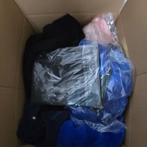 LARGE BOX OF ASSORTED CLOTHING ITEMS IN VARIOUS SIZES, STYLES AND COLOUR 