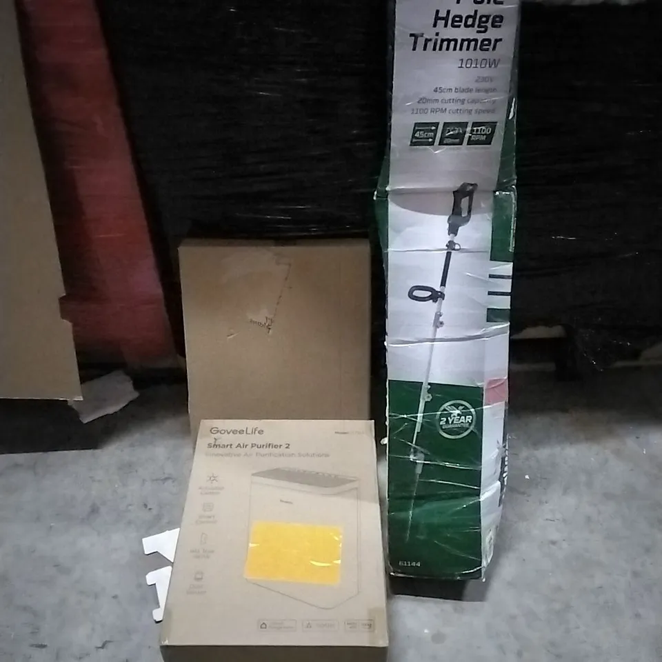 PALLET OF HOUSEHOLD ITEMS TO INCLUDE TOILET SEAT, AIR PURIFIER,  POLE HEDGE TRIMMER AND OTHER ASSORTED ITEMS...