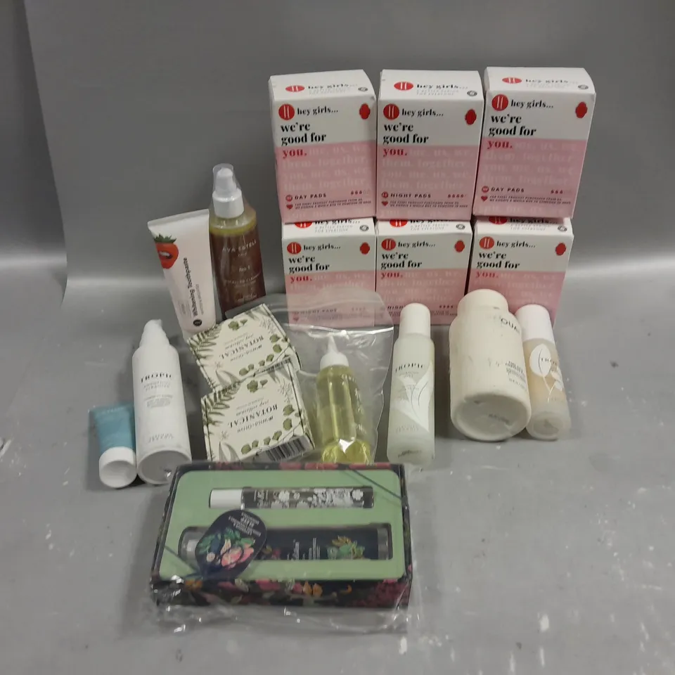 BOX OF APPROXIMATELY 15 COSMETIC ITEMS TO INCLUDE HEY GIRLS DAY PADS, AVA ESTELL MICELLAR CLEANSER, OUAI CONDITIONER, ETC