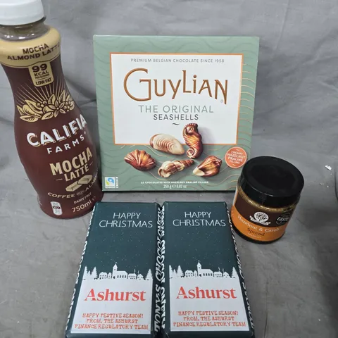 APPROXIMATELY 10 ASSORTED FOOD/DRINK PRODUCTS TO INCLUDE TONY'S CHOCOLATE, GUYLIAN CHOCOLATES, HAZELNUT SPREAD ETC