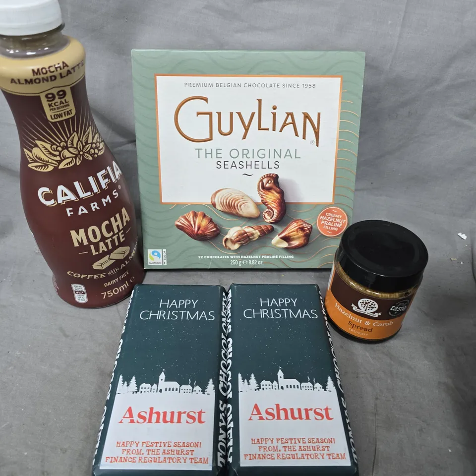 APPROXIMATELY 10 ASSORTED FOOD/DRINK PRODUCTS TO INCLUDE TONY'S CHOCOLATE, GUYLIAN CHOCOLATES, HAZELNUT SPREAD ETC