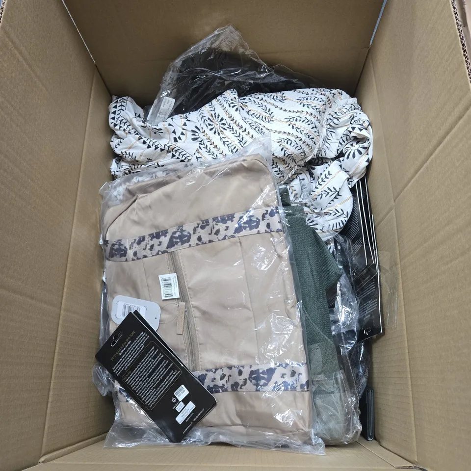 BOX OF APPROXIMATELY 20 ASSORTED HOUSEHOLD ITEMS TO INCLUDE CLOTHING, HAND BAG, BOTTLE, GUA SHA TOOL ETC