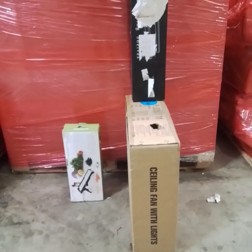 PALLET OF ASSORTED HOUSEHOLD GOODS AND PRODUCTS TO INCLUDE;CEILING FAN,FLOATING SHELVES,MANDOLINE SLICER