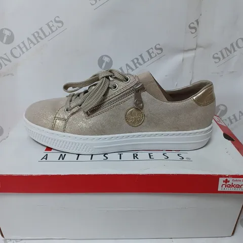 BOXED RIEKER METALLIC TRAINERS, GOLD - SIZE 6