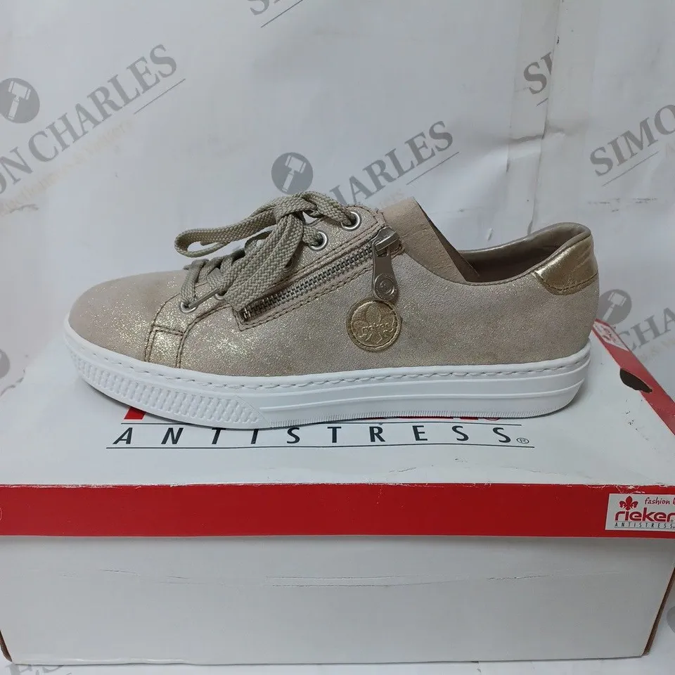 BOXED RIEKER METALLIC TRAINERS, GOLD - SIZE 6