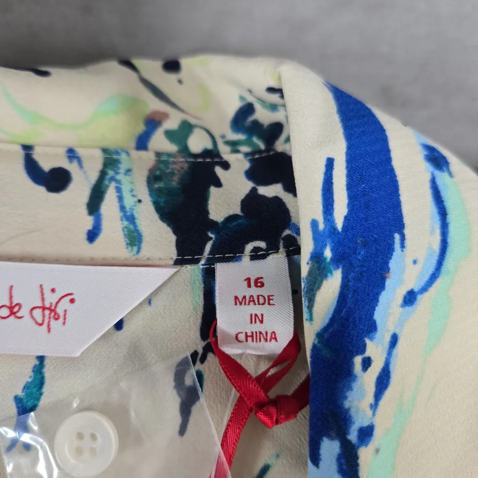 BEN DI LISI UK 16 WOMEN'S ABSTRACT-PRINT BLOUSE – CREAM BASE WITH BLUE/GREEN ACCENTS