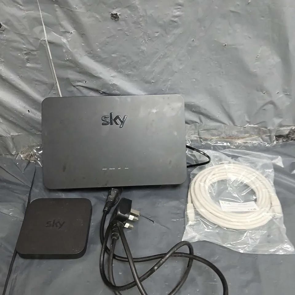 TOTE OF APPROXIMATELY 15 ELECTRICAL ITEMS TO INCLUDE - POWER CABLES - SKY WIFI HUB - SKY MINI BOX