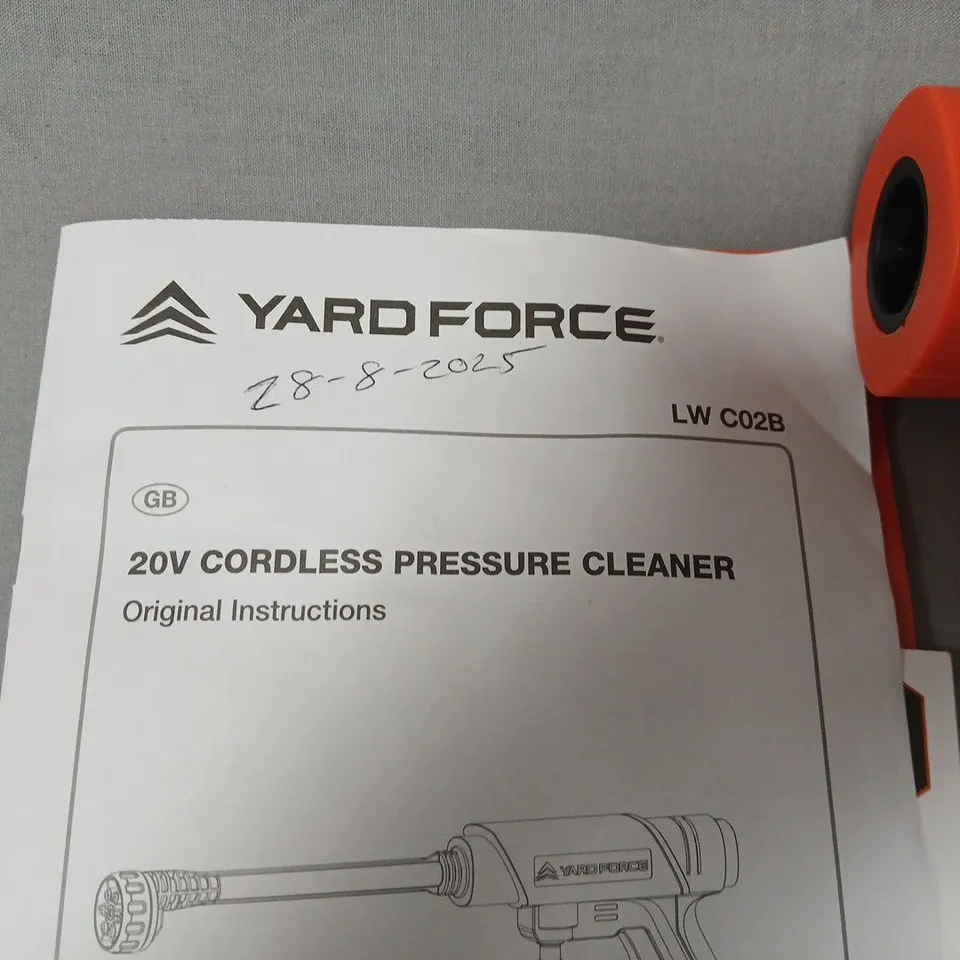 YARD FORCE 20V CORDLESS PRESSURE CLEANER – BATTERY & CHARGER INCLUDED