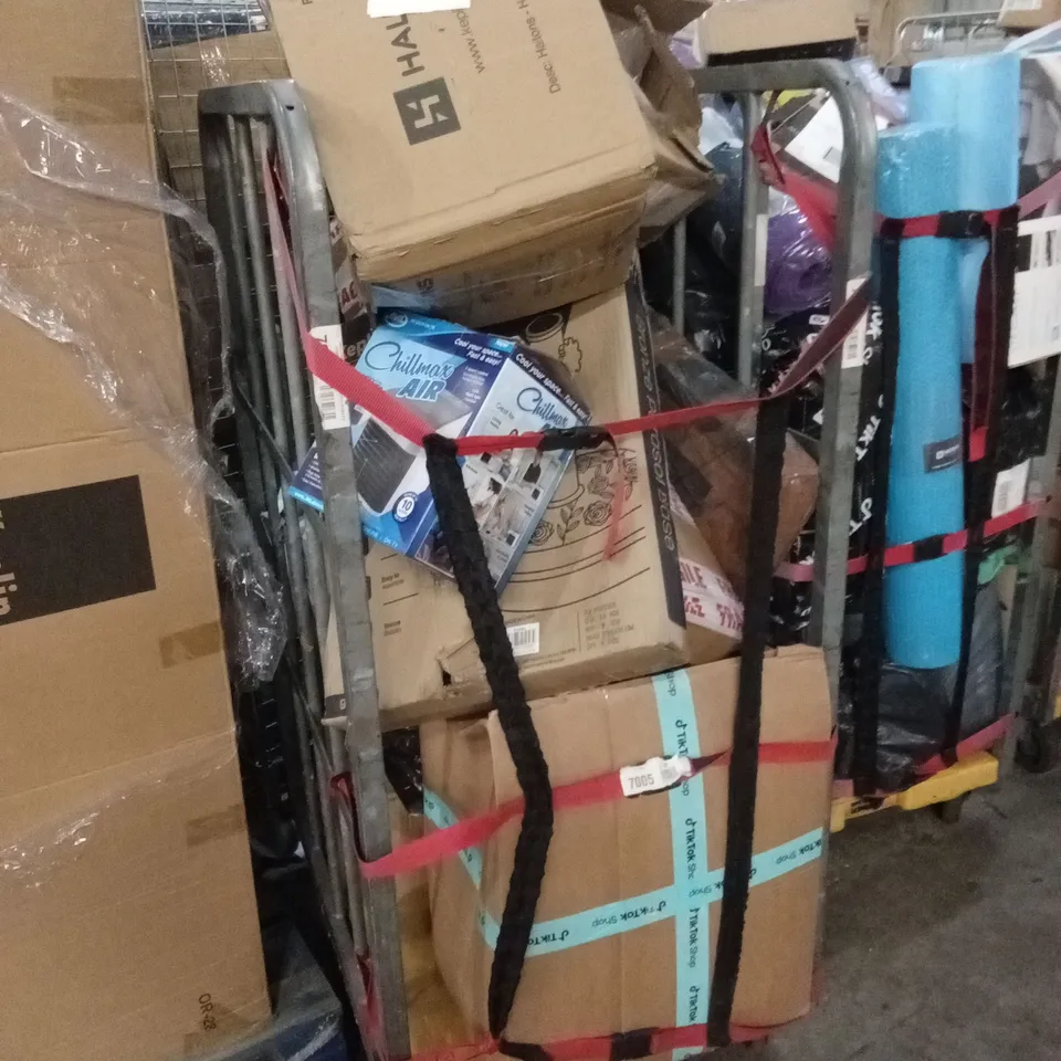 CAGE OF ASSORTED HOUSEHOLD GOODS AND PRODUCTS TO INCLUDE; PARASOL BASE, AIR COOLER, YOGA MAT ETC