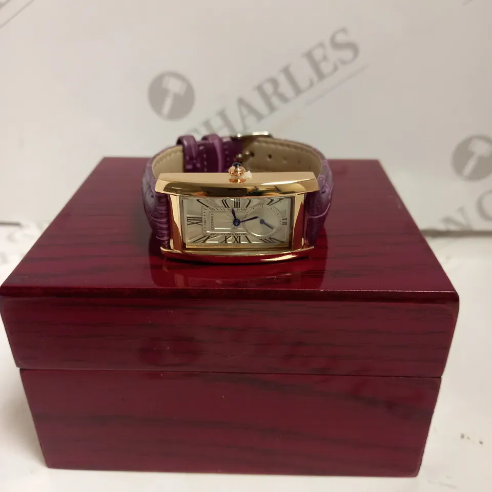 LADIES STOCKWELL WATCH – TEXTURED DIAL WITH SUB DIAL MINUTE HAND – PURPLE LEATHER STRAP.