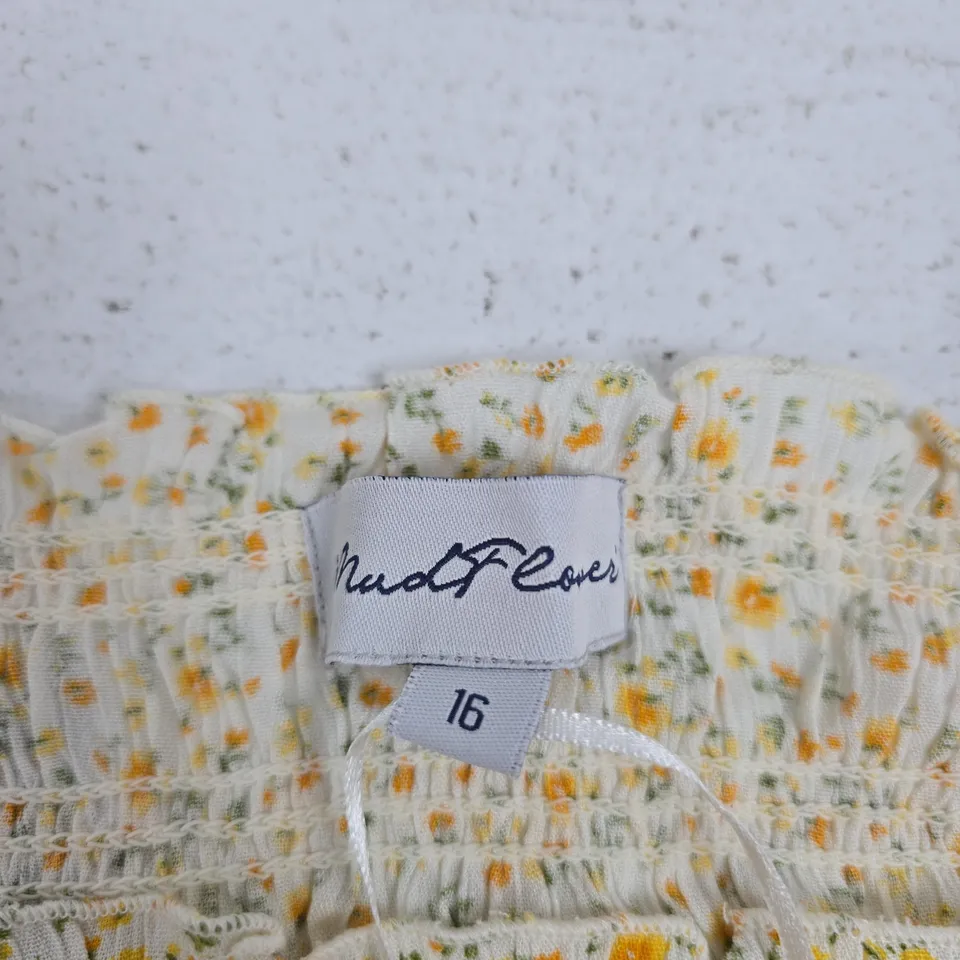 MUDFLOWER WOMEN'S FLORAL SMOCKED DRESS, CREAM WITH YELLOW PRINT, UK SIZE 16