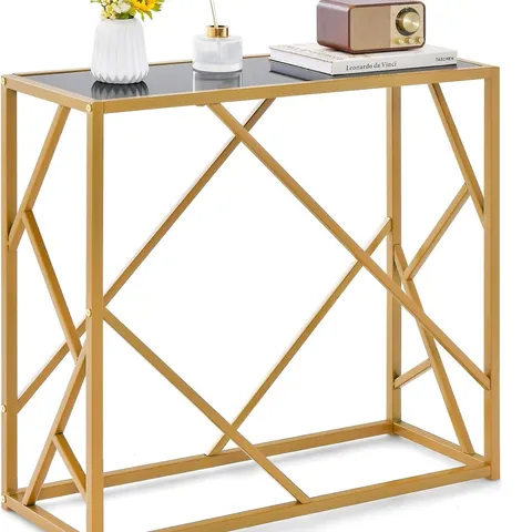 BOXED COSTWAY ENTRYWAY CONSOLE TABLE SIDE NARROW ACCENT DISPLAY TABLE W/ TEMPERED GLASS TOP - GOLD/BLACK