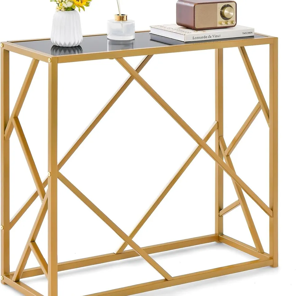 BOXED COSTWAY ENTRYWAY CONSOLE TABLE SIDE NARROW ACCENT DISPLAY TABLE W/ TEMPERED GLASS TOP - GOLD/BLACK