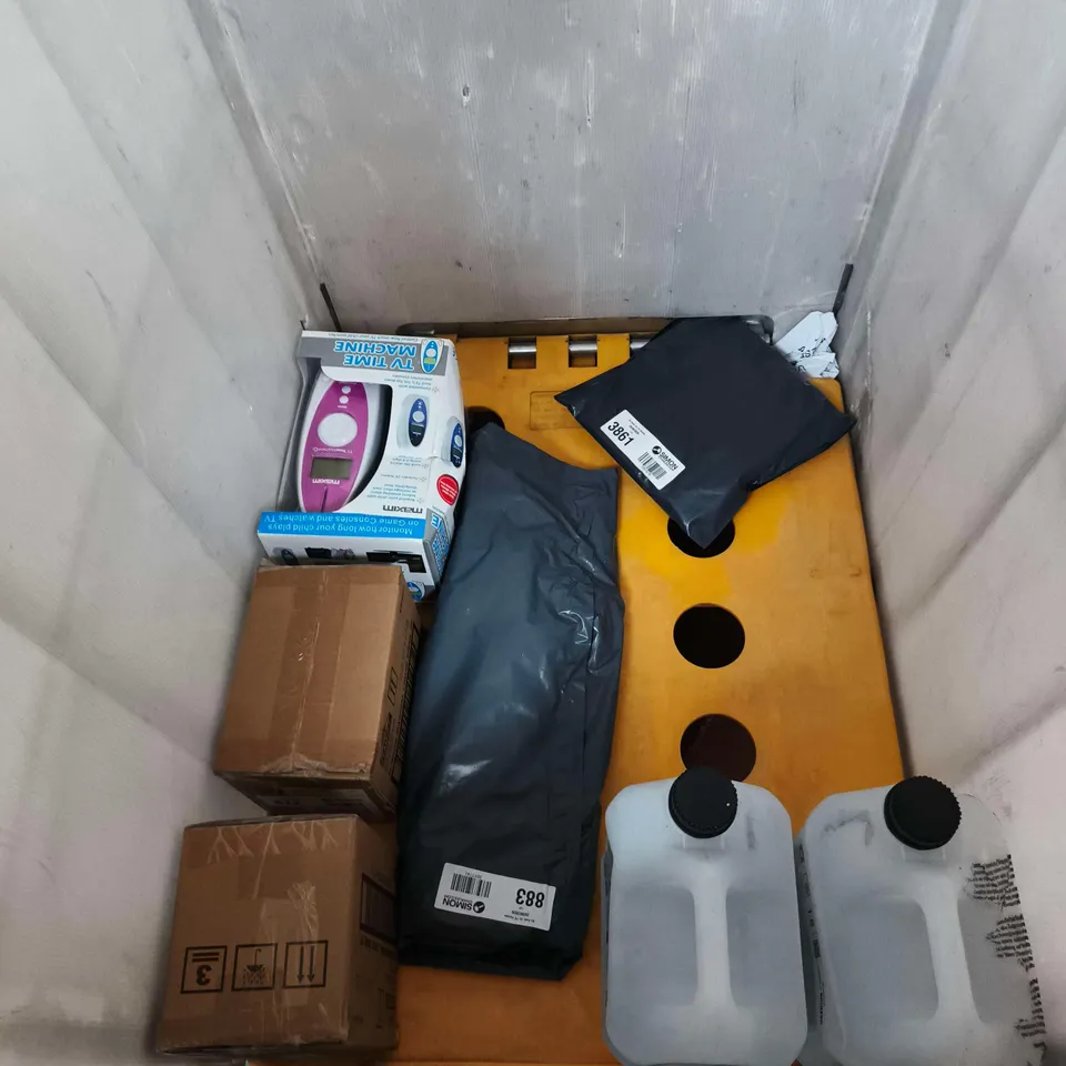 CAGE OF APPROXIMATELY 7 ASSORTED ITEMS INCLUDING ELMERS MAGICAL LIQUID , WIRED KEYBOARD & MOUSE SET AND CUMA ACID CLEANER FOR AC OUTDOOR UNITS 5L
