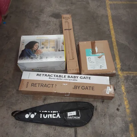 PALLET OF ASSORTED ITEMS INCLUDING: HEATED THROW, RETRACTABLE SAFETY GATES, 3M GAZEBO, BED RAIL, YONEX BADMINTON RACKET ECT