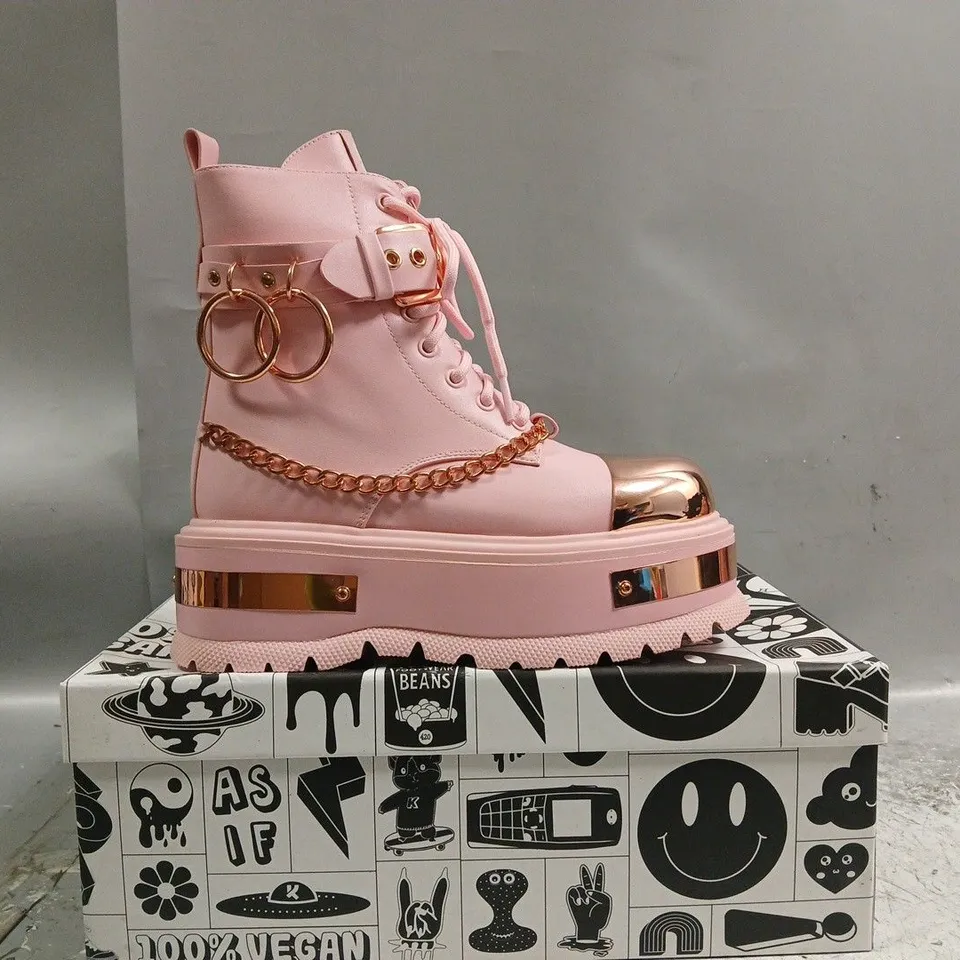 BOXED PAIR OF KOI ROSE GOLD BORIN HARDWARE PLATFORM BOOTS IN PINK/ROSE GOLD SIZE UK 3