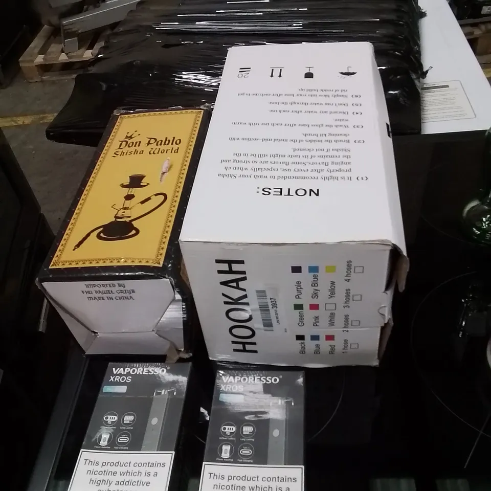 PALLET CONTAINING A LARGE QUANTITY OF TOBACCO PRODUCTS TO INCLUDE;VAPE CARTRIDGES,HERB GRINDERS,E-CIGARETTE,NICOTINE CHEWING GUM,CERAMIC BOWL,ROLLING PAPERS,E-CIGARETTE LIQUIDS